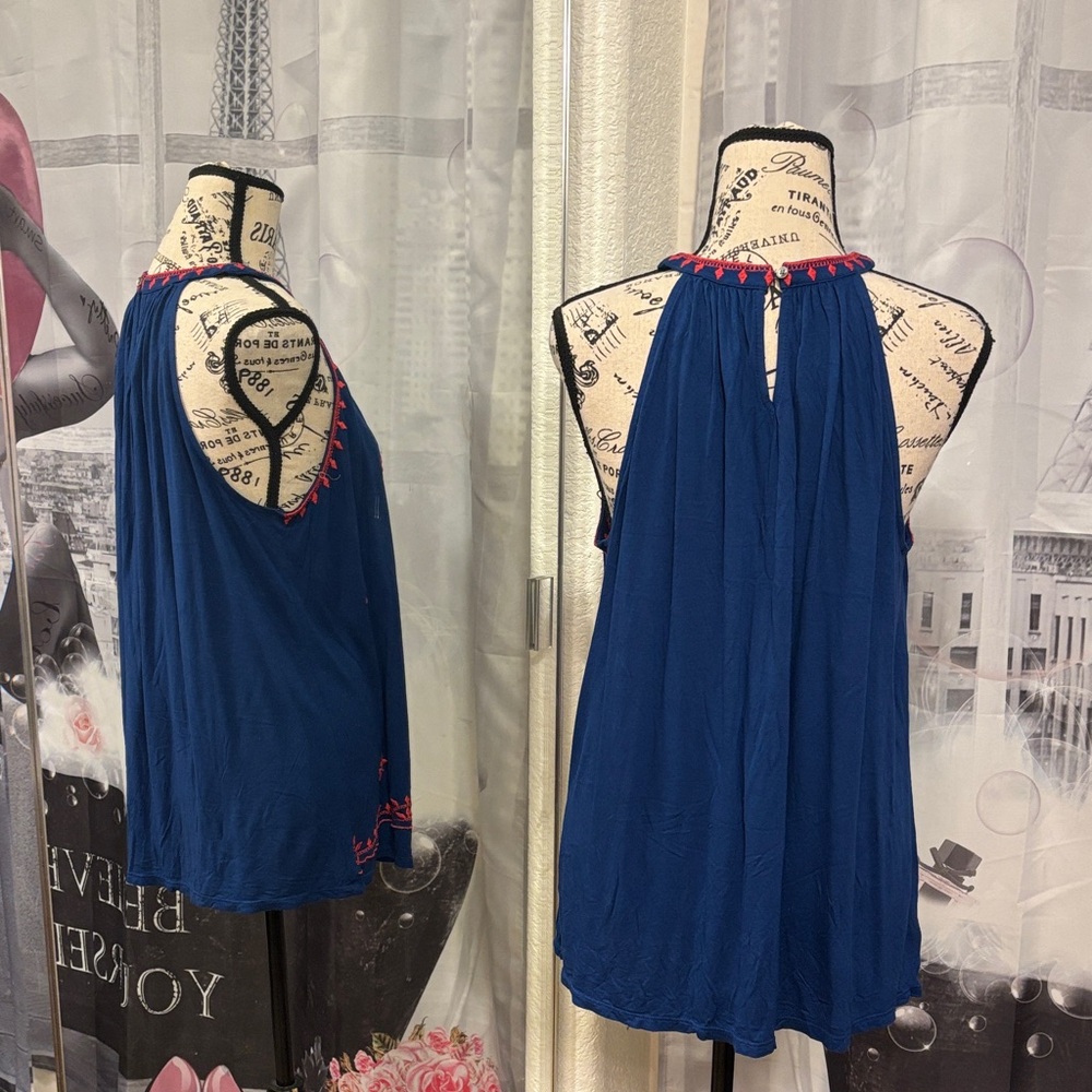 LOFT Blue and Red "Fireworks" Embroidered Halter Top - Picture 3 of 7